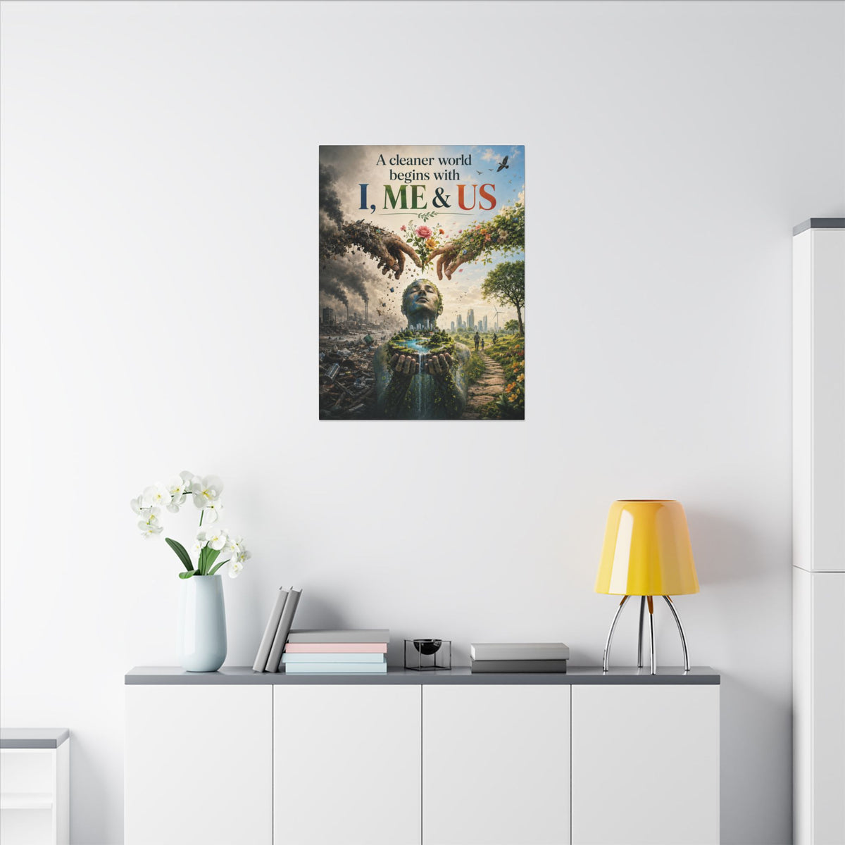 "A CLEANER WORLD BEGINS WITH I, ME & UD" (Surrealist art style). Earthsmart Canvas Wall Art. (Matte Stretched Canvas).