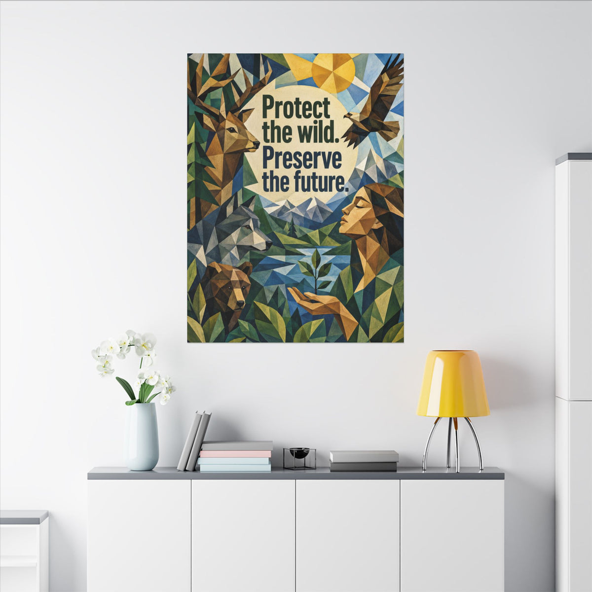 "PROTECT THE WILD PRESERVE THE FUTURE" (Cubist art style). Earthsmart Eco Canvas Wall Art (Matte Stretched Print).
