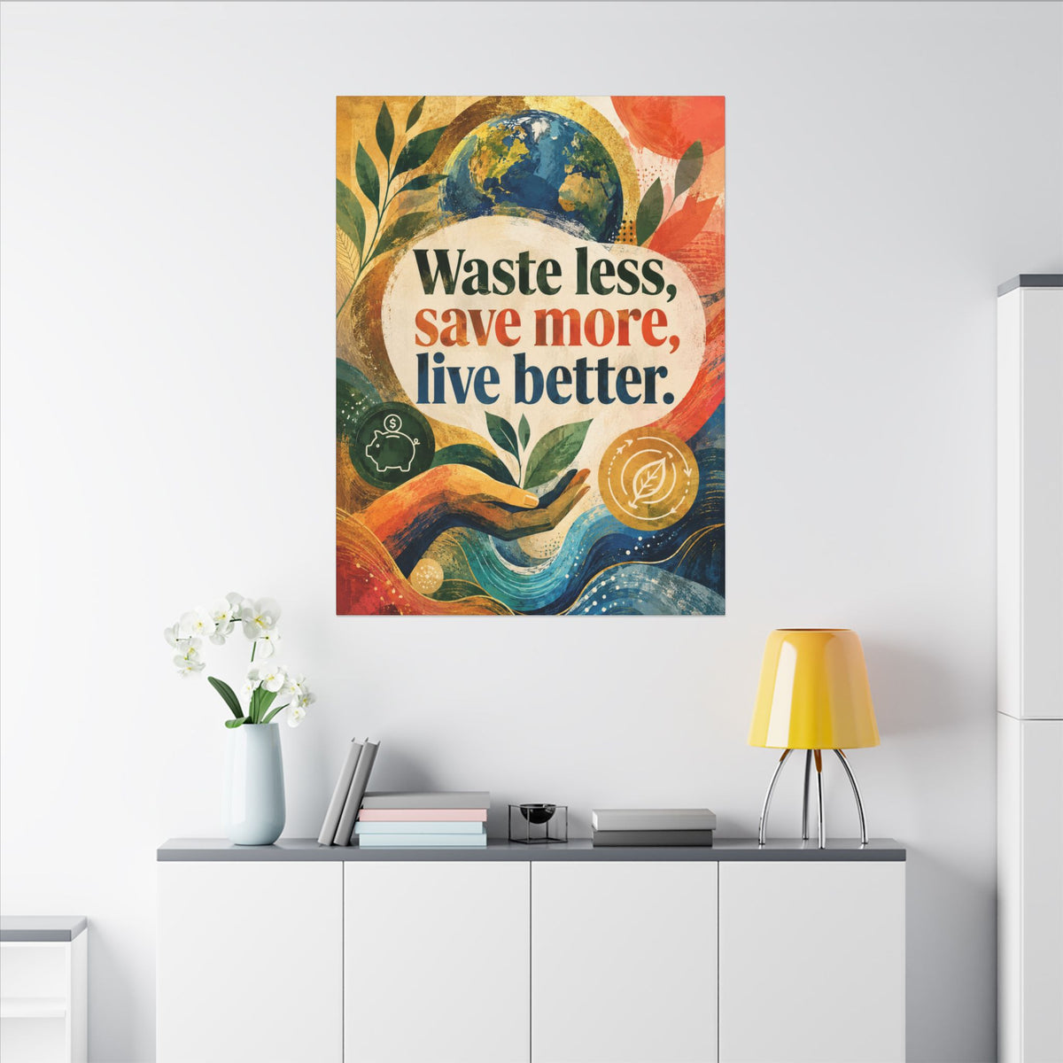 "WASTE LESS, SAVE MORE, LIVE BETTER". – Inspirational Eco Canvas