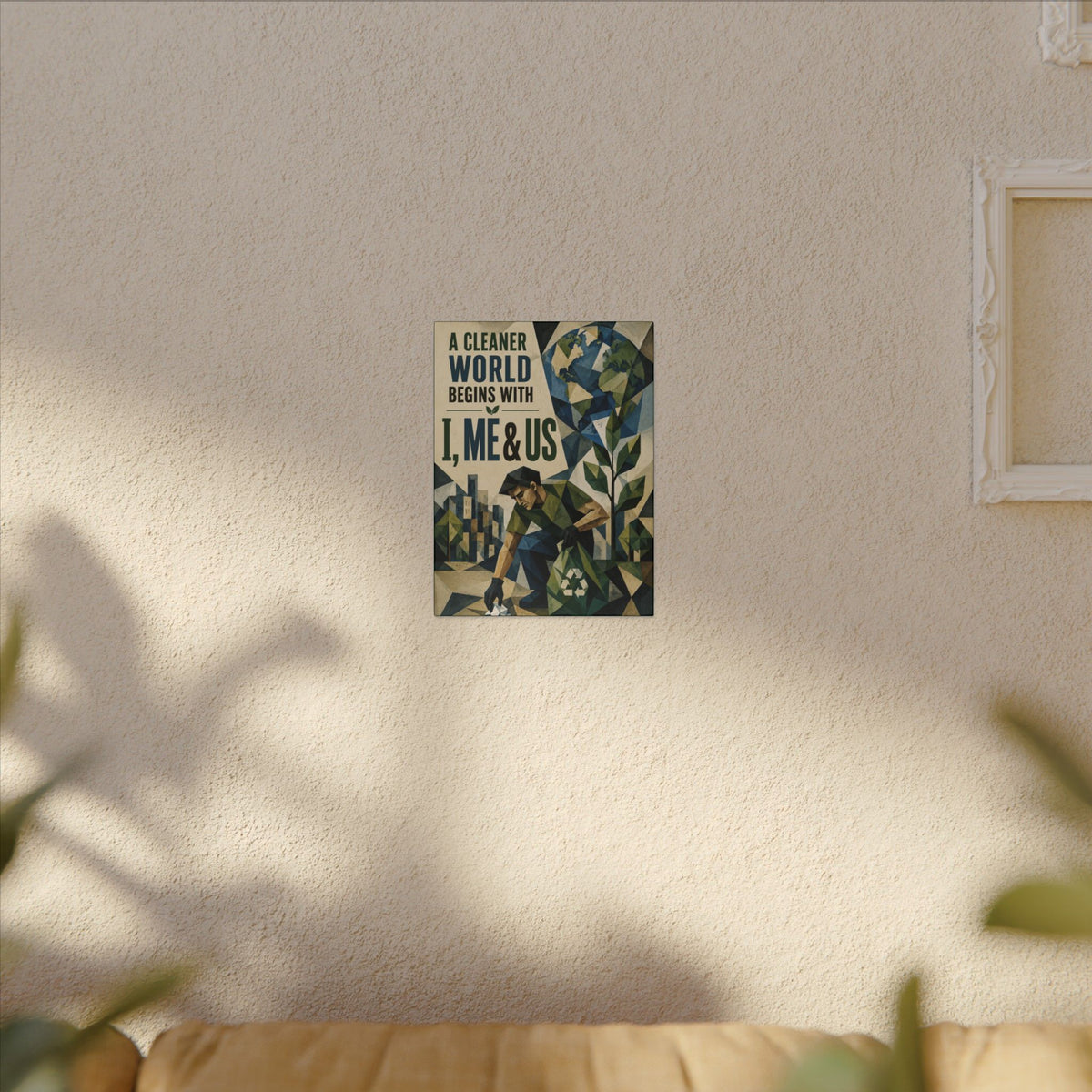 "A CLEANER WORLD BEGINS WITH I, ME & US (Cubist art style). Earthsmart Canvas Wall Art. ( Matte Stretched Print).