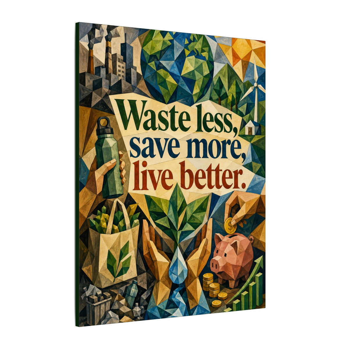 "WASTE LESS SAVE MORE, LIVE BETTTER." (Cubist art style). Earthsmart,  Eco-Friendly Inspirational Wall Art
