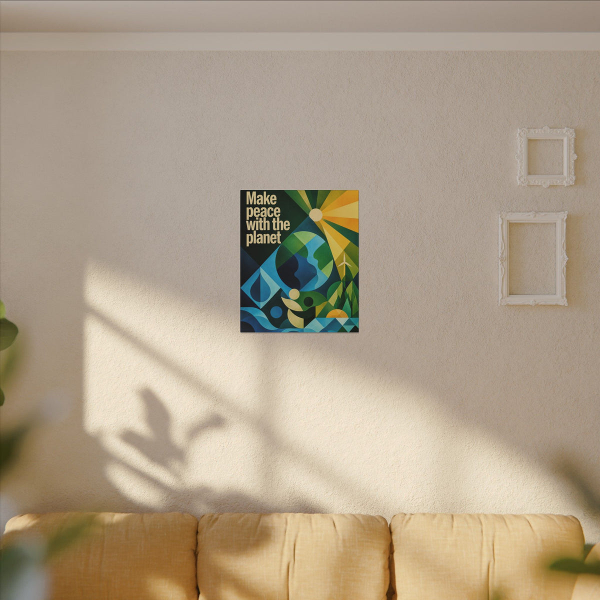 "MAKE PEACE WITH THE PLANET" (Radical Geometric art style). Earthsmart Eco Canvas Wall Art (Matte Stretched Print).