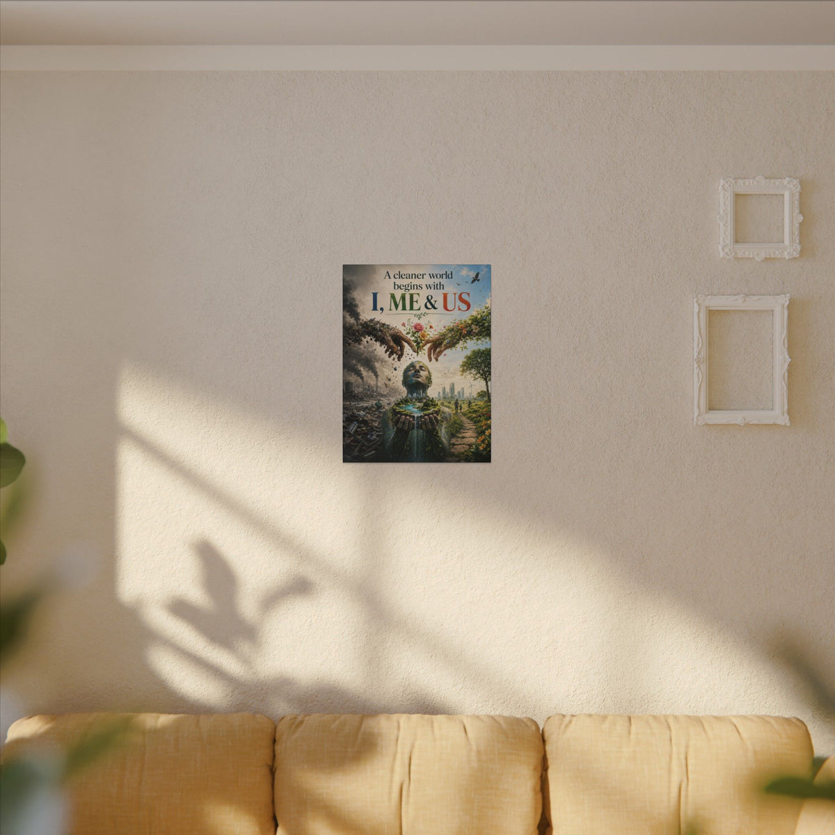 "A CLEANER WORLD BEGINS WITH I, ME & UD" (Surrealist art style). Earthsmart Canvas Wall Art. (Matte Stretched Canvas).