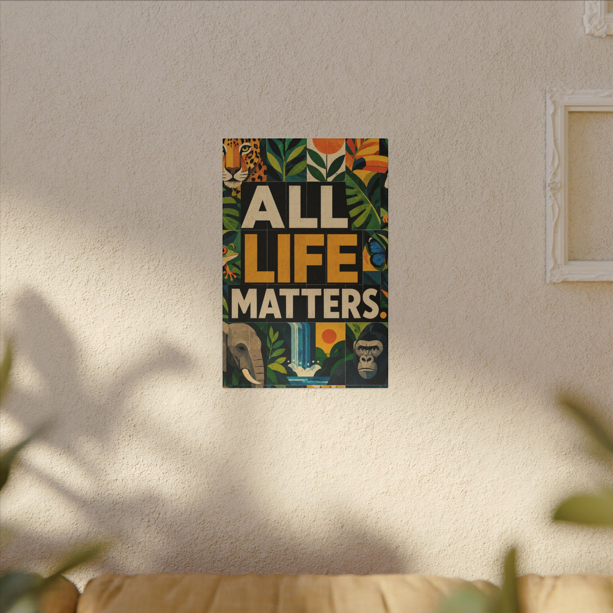 "ALL LIFE MATTERS" (Geometric art style) Earthsmart Canvas Wall Art — Jungle Wildlife. (Matte Stretched Print)