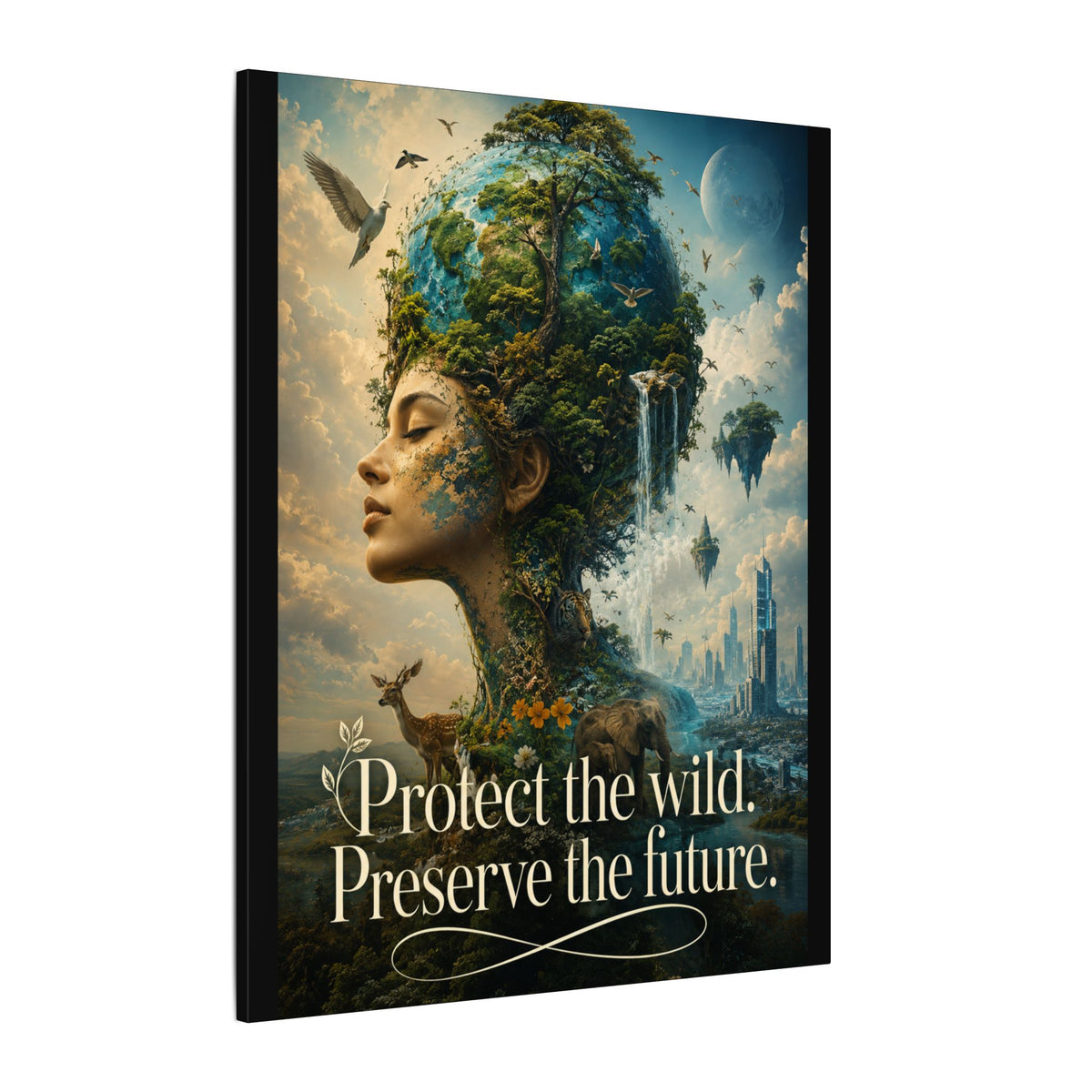"PROTECT THE WILD PRESERVE THE FUTURE" (Surrealist art style). Earthsmart Eco Canvas Wall Art (Matte Stretched Print).