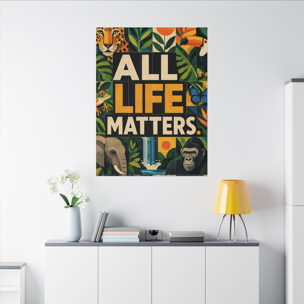 "ALL LIFE MATTERS" (Geometric art style) Earthsmart Canvas Wall Art — Jungle Wildlife. (Matte Stretched Print)