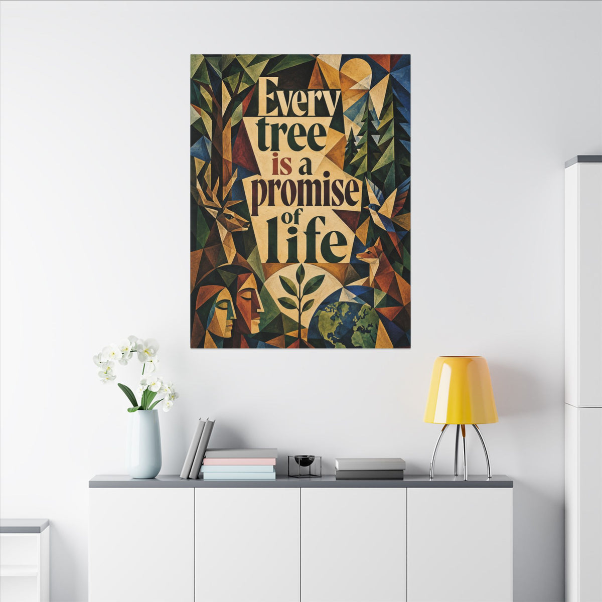 "EVERY TREE IS A PROMISE OF LIFE" (Cubist art style). Earthsmart Eco Canvas Wall Art (Matte Stretched Print).