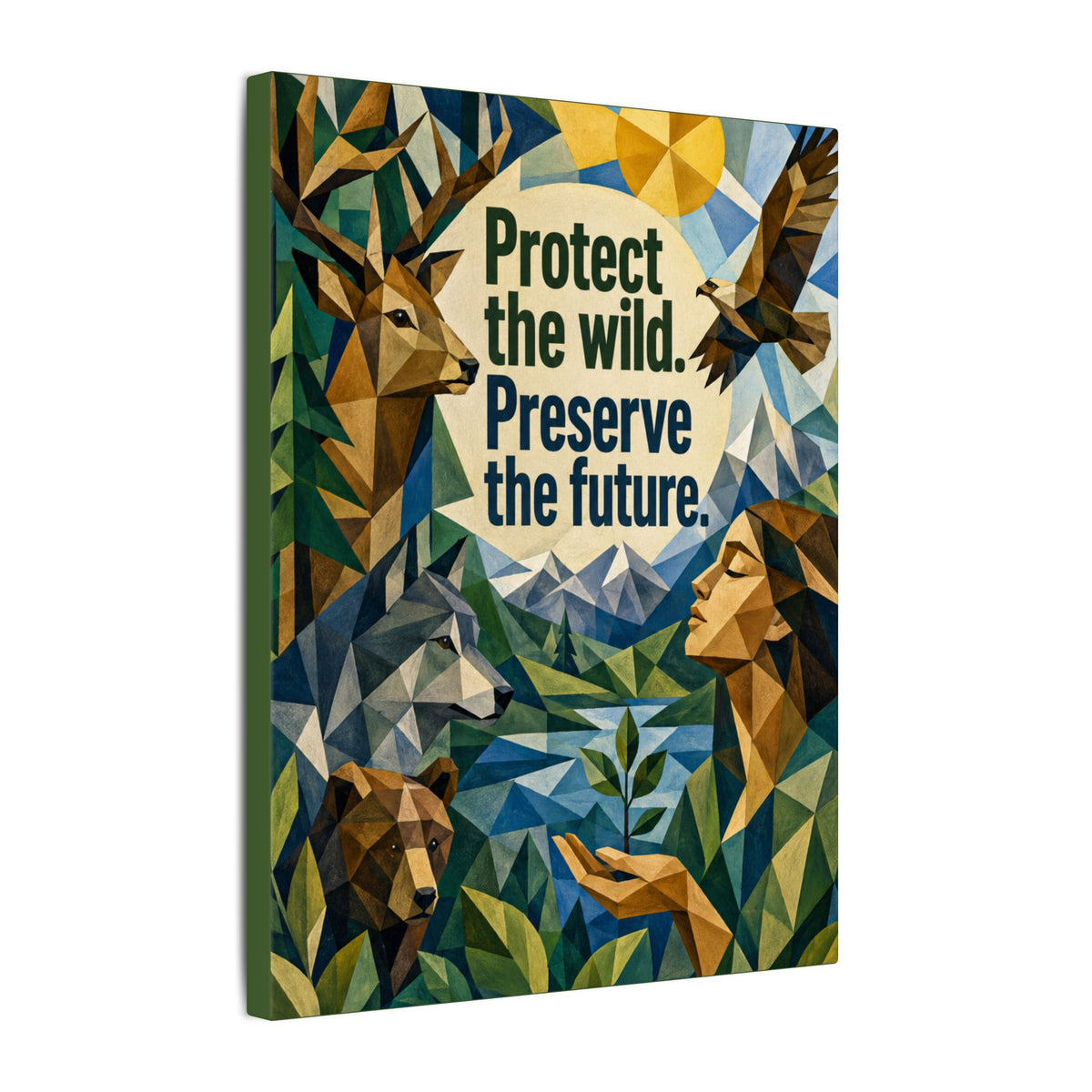 "PROTECT THE WILD PRESERVE THE FUTURE" (Cubist art style). Earthsmart Eco Canvas Wall Art (Matte Stretched Print).