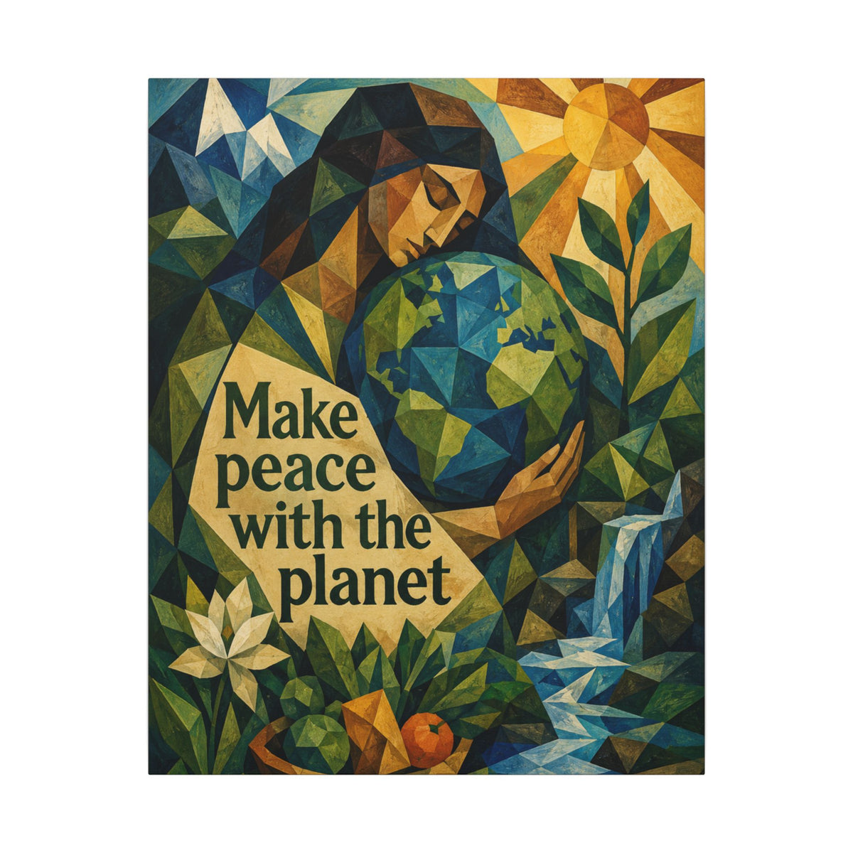 "MAKE PEACE WITH THE PLANET" (Cubist art style). Earthsmart Eco Canvas Wall Art (Matte Stretched Print).