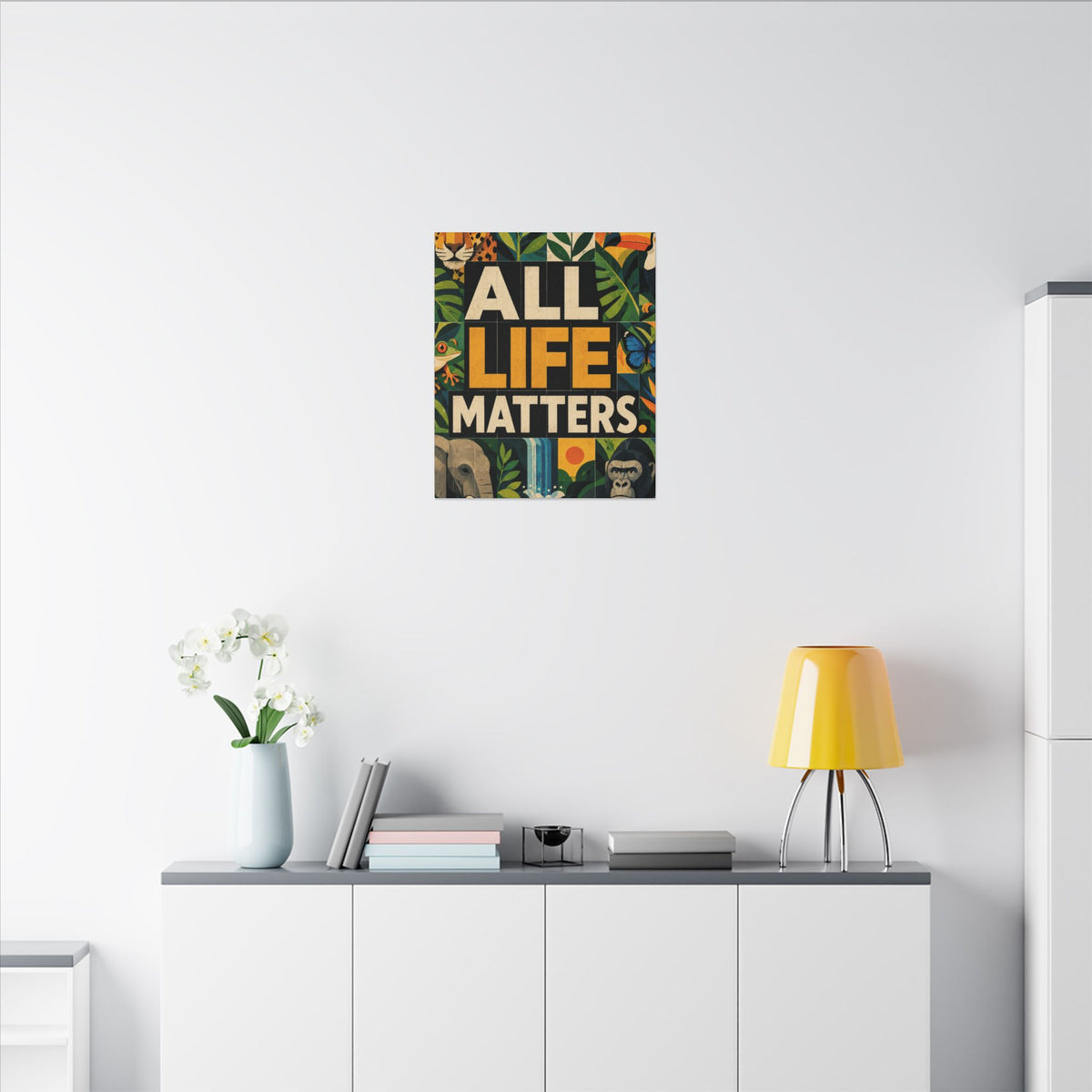 "ALL LIFE MATTERS" (Geometric art style) Earthsmart Canvas Wall Art — Jungle Wildlife. (Matte Stretched Print)