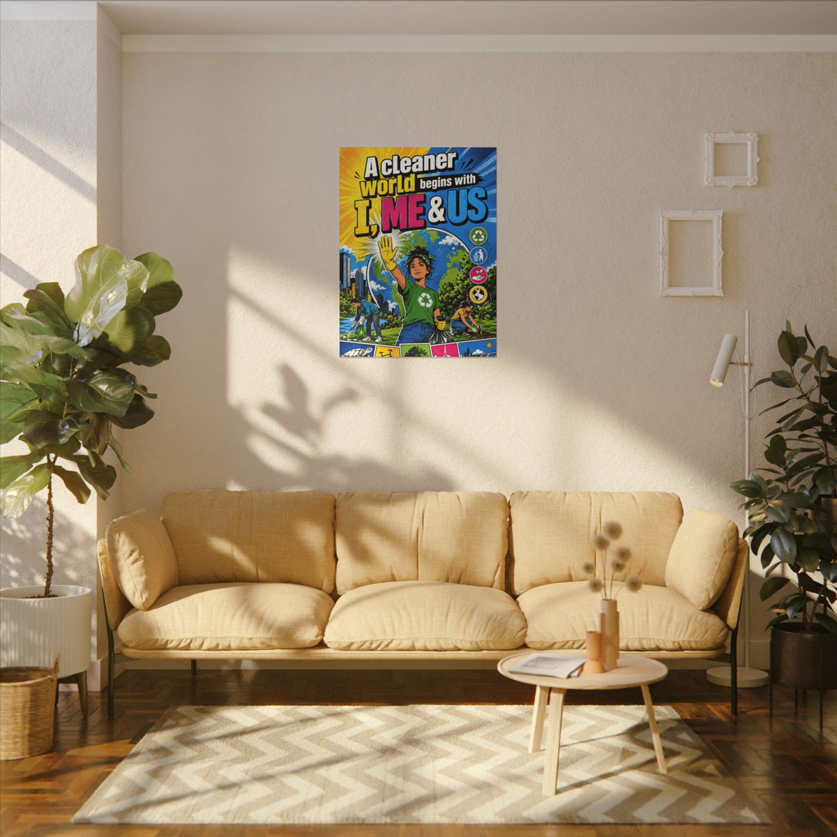 "A CLEANER WORLD BEGINS WITH I, ME & US" (Pop culture art style). Earthsmart Canvas Wall Art. (Matte Stretched Canvas).