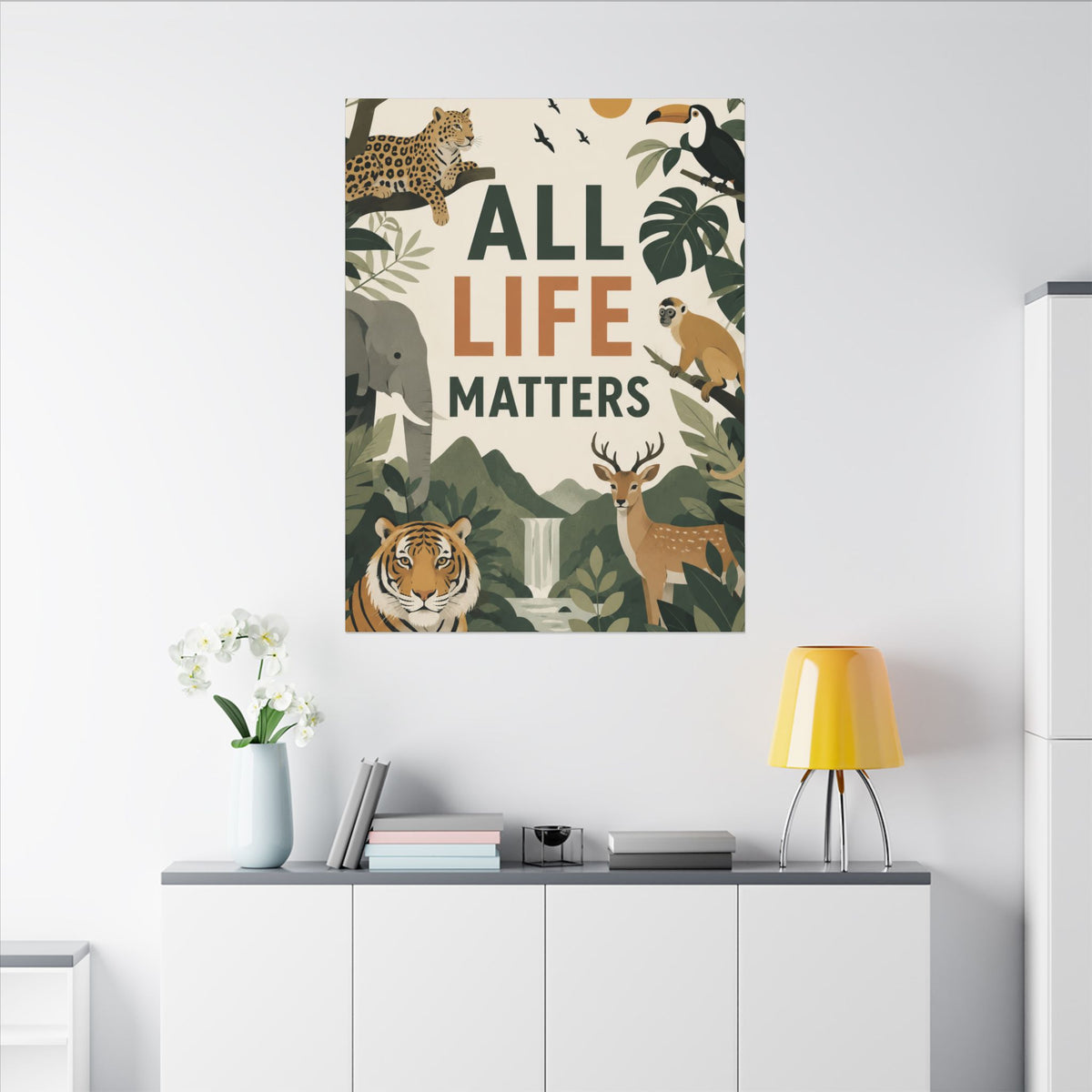 "ALL LIFE MATTERS" (modern art style) - Earthsmart Canvas Wall Art. Jungle Wildlife. (Matte Stretched Print).