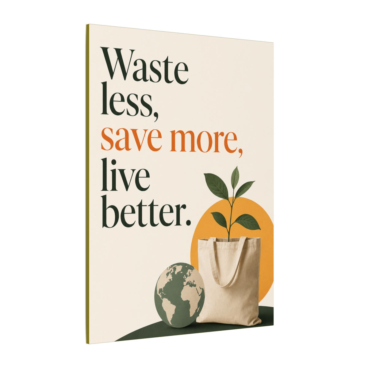 "WASTE LESS, SAVE MORE, LIVE BETTER." (Minimalist art style). Earthsmart Wall Art.