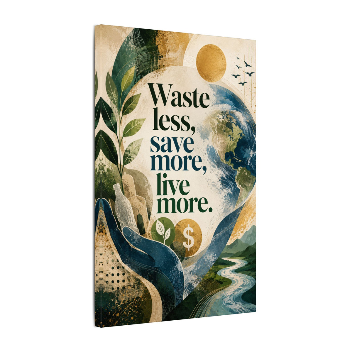 "WASTE LESS, SAVE MORE, LIVE MORE.”(abstract art style).  Earthsmart Eco Motivational Print