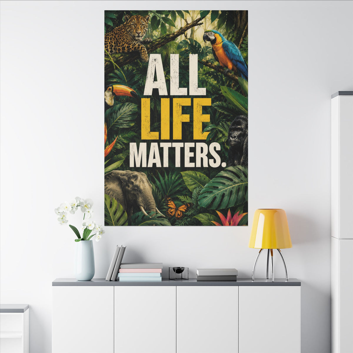 "ALL LIFE MATTERS" (Realist art style)  — Earthsmart Canvas Wall Art. Jungle Wildlife (Matte Stretched Canvas).