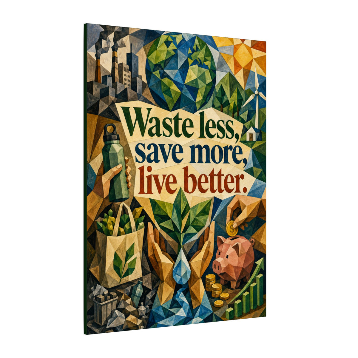 "WASTE LESS SAVE MORE, LIVE BETTTER." (Cubist art style). Earthsmart,  Eco-Friendly Inspirational Wall Art