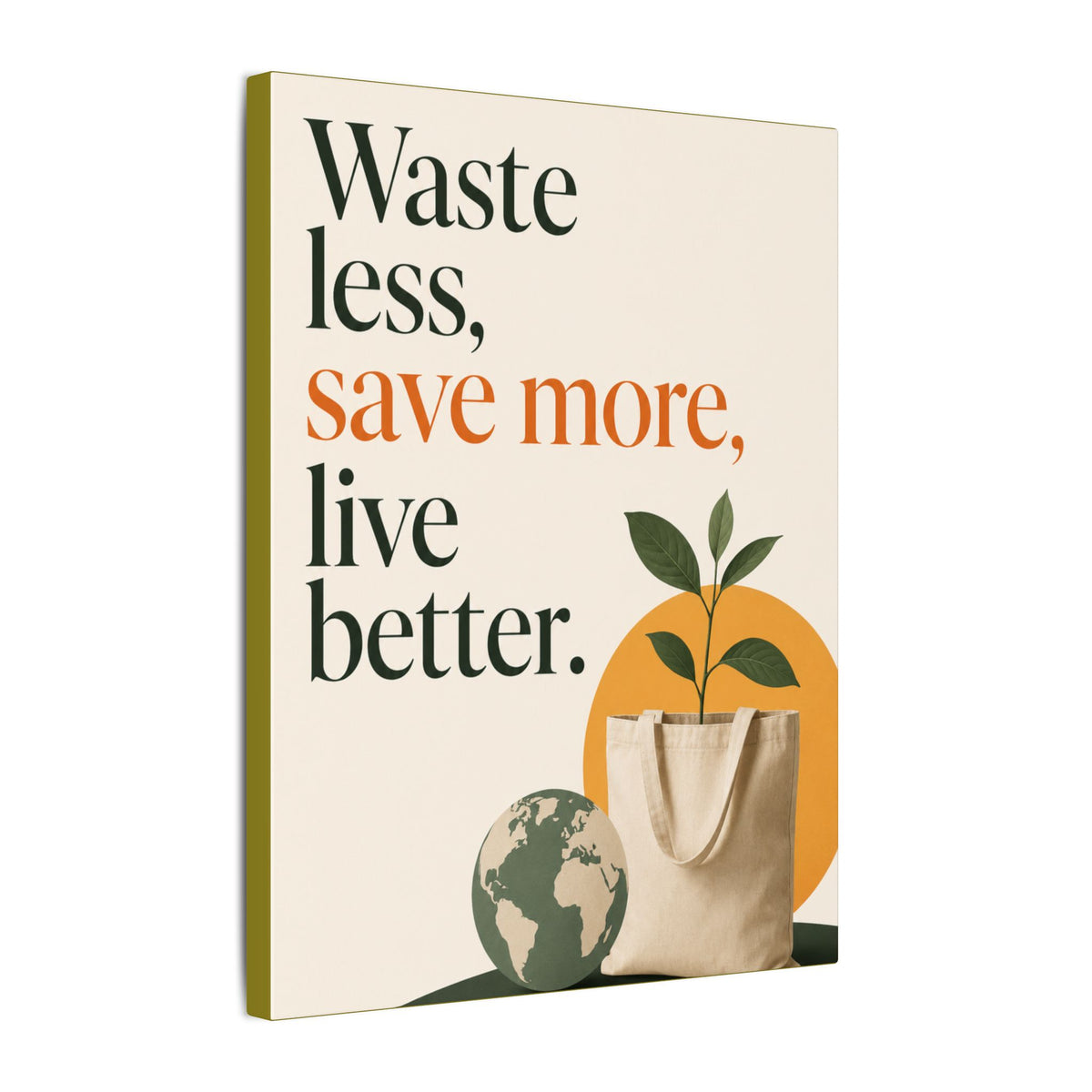 "WASTE LESS, SAVE MORE, LIVE BETTER." (Minimalist art style). Earthsmart Wall Art.