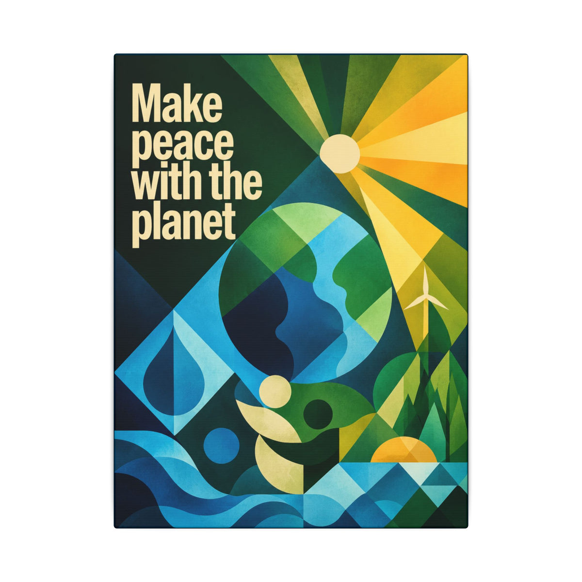 "MAKE PEACE WITH THE PLANET" (Radical Geometric art style). Earthsmart Eco Canvas Wall Art (Matte Stretched Print).
