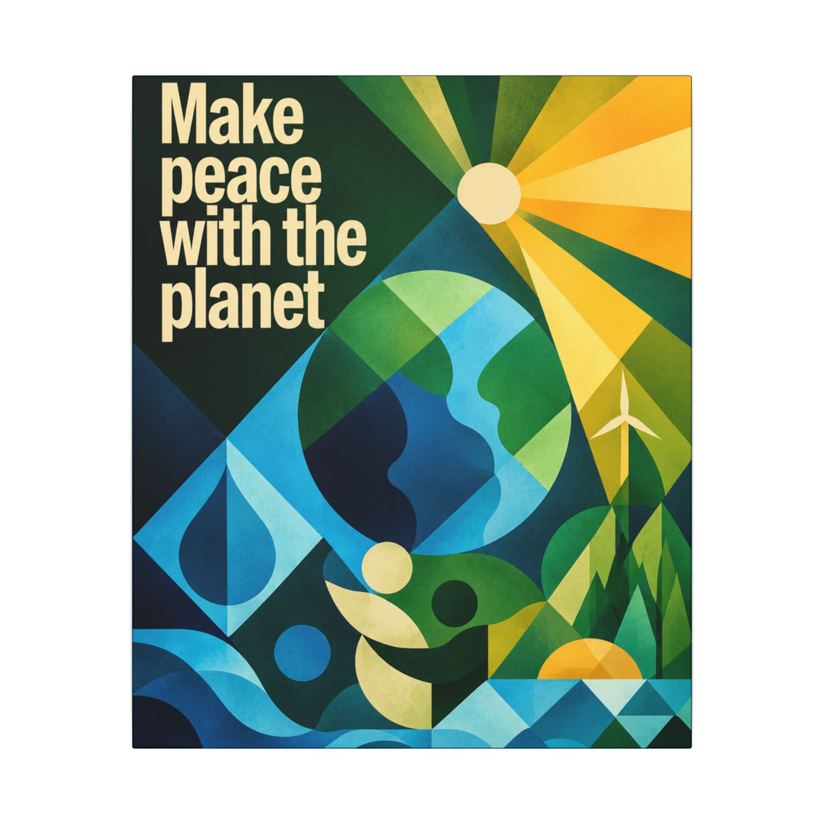 "MAKE PEACE WITH THE PLANET" (Radical Geometric art style). Earthsmart Eco Canvas Wall Art (Matte Stretched Print).