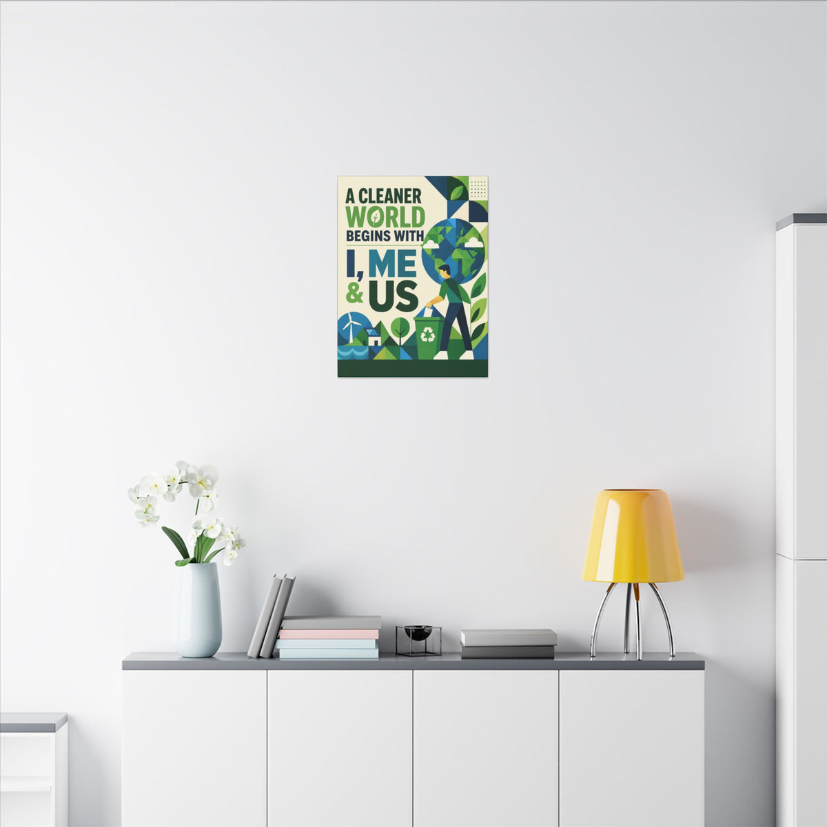 "A CLEANER WORLD BEGINS WITH I, ME & US (Geometric art style). Earthsmart Canvas Wall Art. ( Matte Stretched Print).
