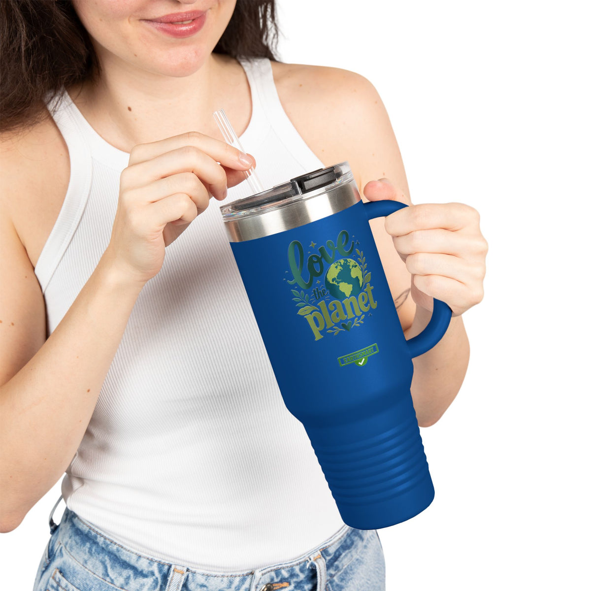 EARTHSMART ECO TUMBLER - 'LOVE THE PLANET' version -  100% stainless steel (body), 100% recycled plastic (straw and lid).(1.8L - 40OZ)