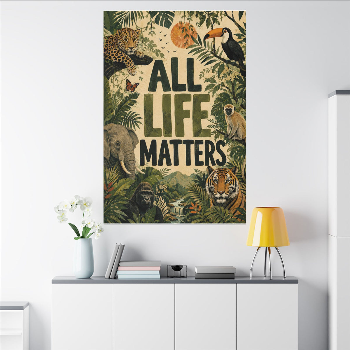 "ALL LIFE MATTERS" (Organic art style) Earthsmart Canvas Wall Art — Jungle Wildlife. (Matte Stretched Print)
