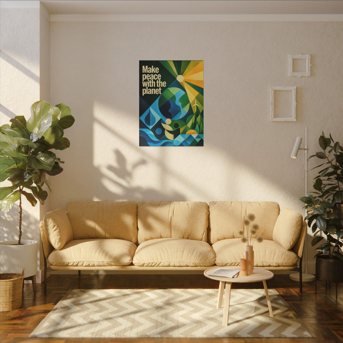 "MAKE PEACE WITH THE PLANET" (Radical Geometric art style). Earthsmart Eco Canvas Wall Art (Matte Stretched Print).