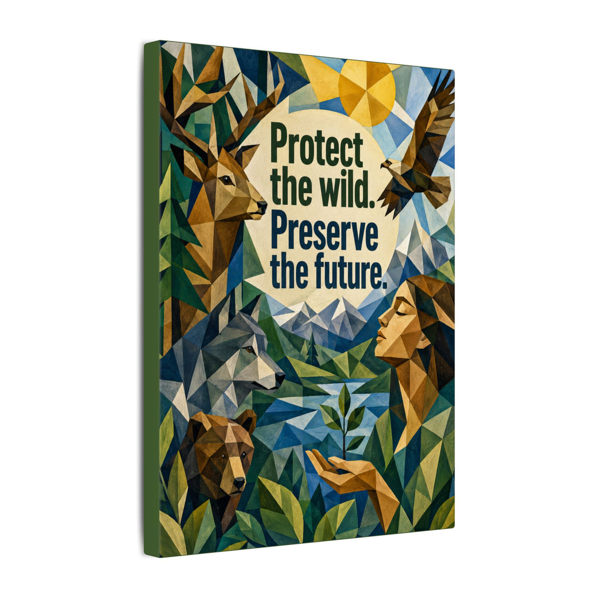 "PROTECT THE WILD PRESERVE THE FUTURE" (Cubist art style). Earthsmart Eco Canvas Wall Art (Matte Stretched Print).