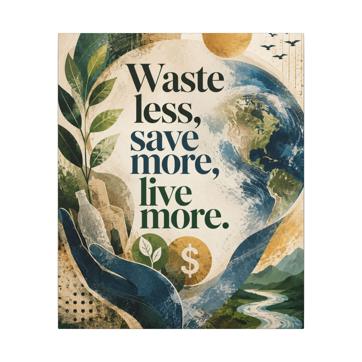 "WASTE LESS, SAVE MORE, LIVE MORE.”(abstract art style).  Earthsmart Eco Motivational Print