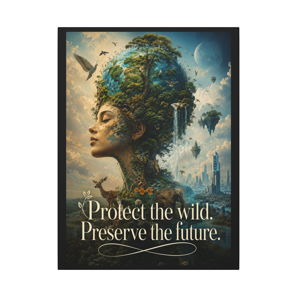 "PROTECT THE WILD PRESERVE THE FUTURE" (Surrealist art style). Earthsmart Eco Canvas Wall Art (Matte Stretched Print).