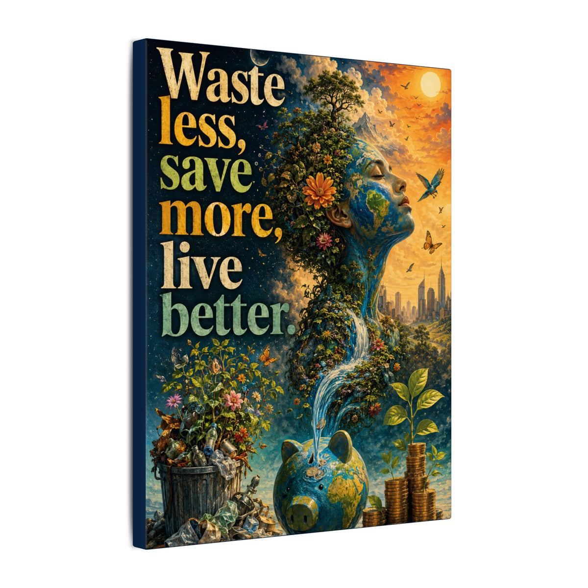 "WASTE LESS, SAVE MORE, LIVE BETTER." - Earthsmart Eco-Friendly Inspirational Wall Art.