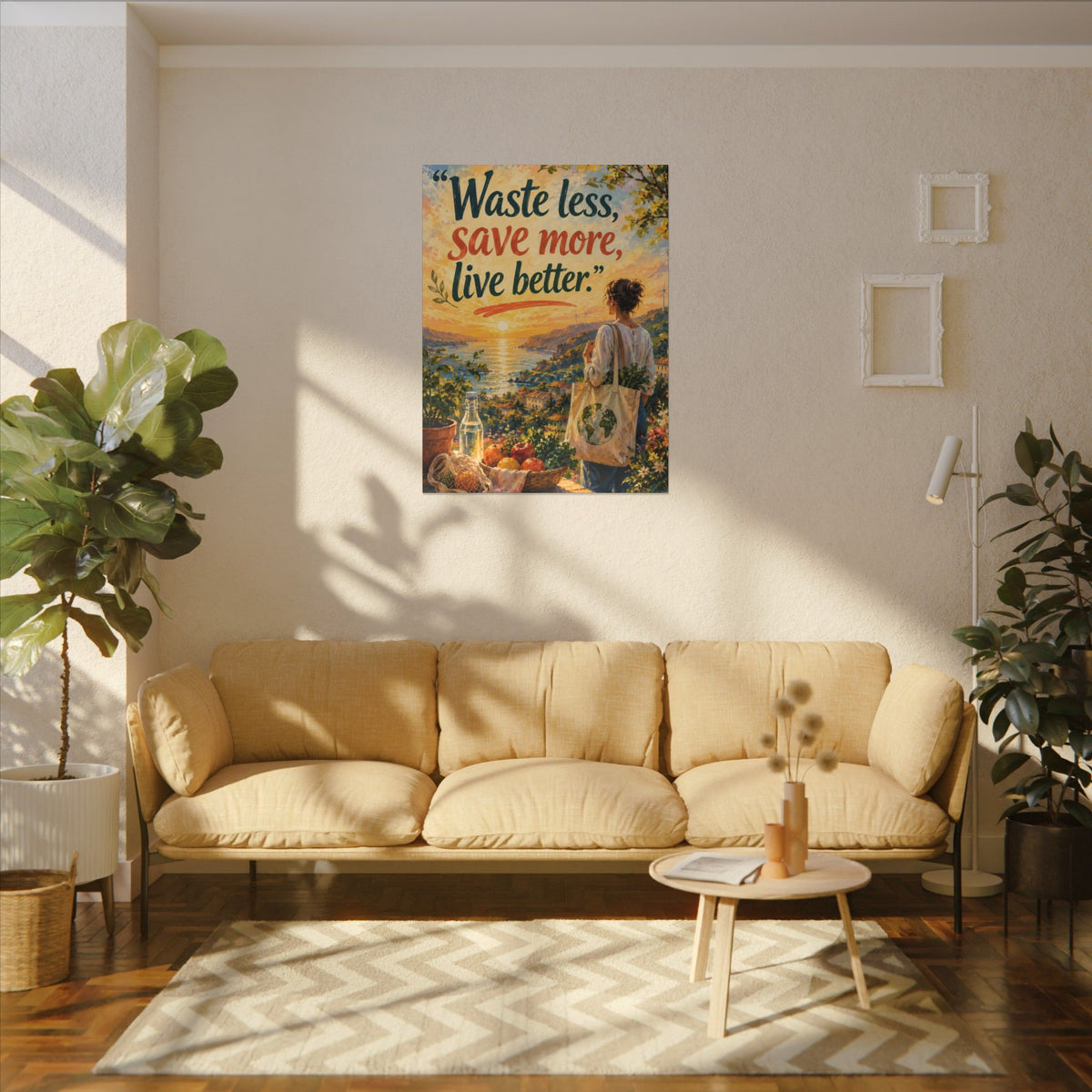 "WASTE LESS, SAVE MORE, LIVE BETTTER." (Impressionist art style). Earthsmart,  Eco-Friendly Inspirational Wall Art
