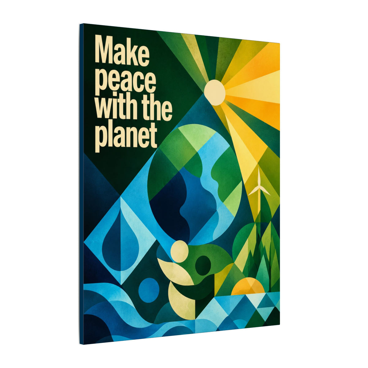 "MAKE PEACE WITH THE PLANET" (Radical Geometric art style). Earthsmart Eco Canvas Wall Art (Matte Stretched Print).