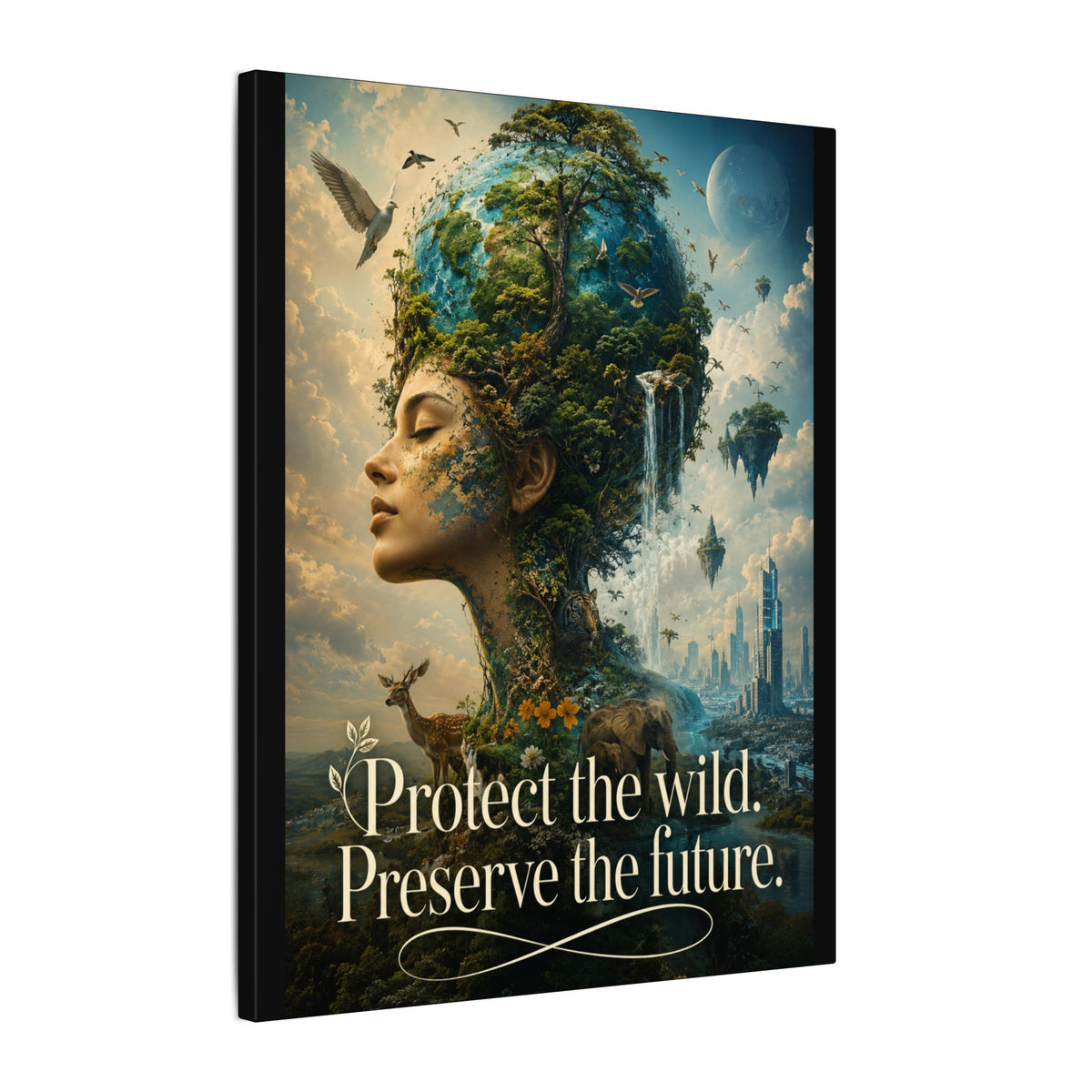 "PROTECT THE WILD PRESERVE THE FUTURE" (Surrealist art style). Earthsmart Eco Canvas Wall Art (Matte Stretched Print).