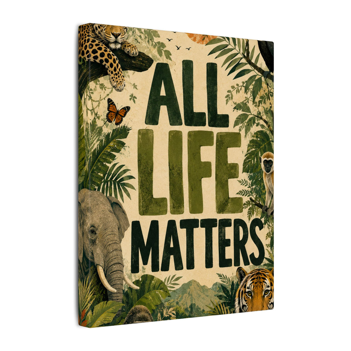 "ALL LIFE MATTERS" (Organic art style) Earthsmart Canvas Wall Art — Jungle Wildlife. (Matte Stretched Print)