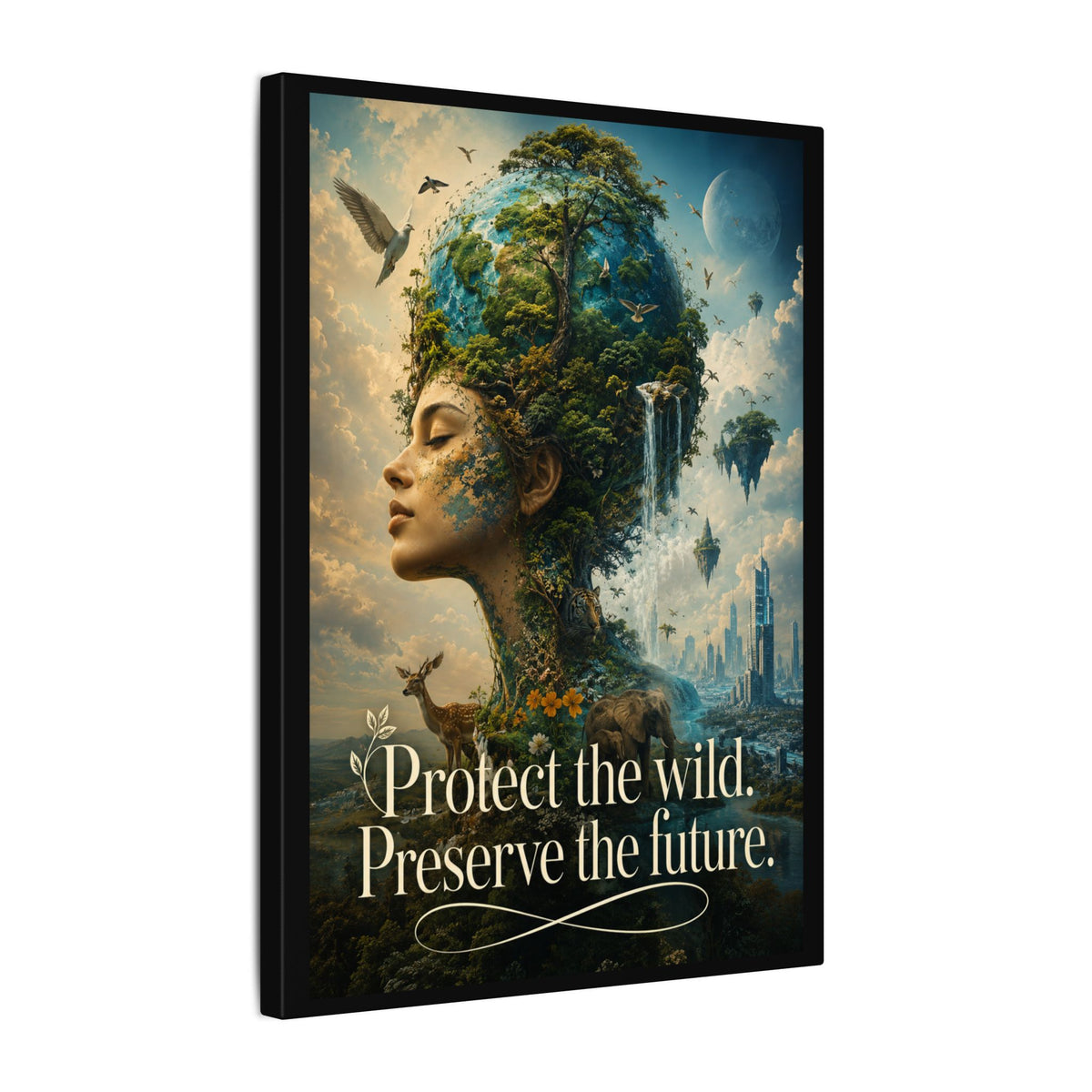 "PROTECT THE WILD PRESERVE THE FUTURE" (Surrealist art style). Earthsmart Eco Canvas Wall Art (Matte Stretched Print).