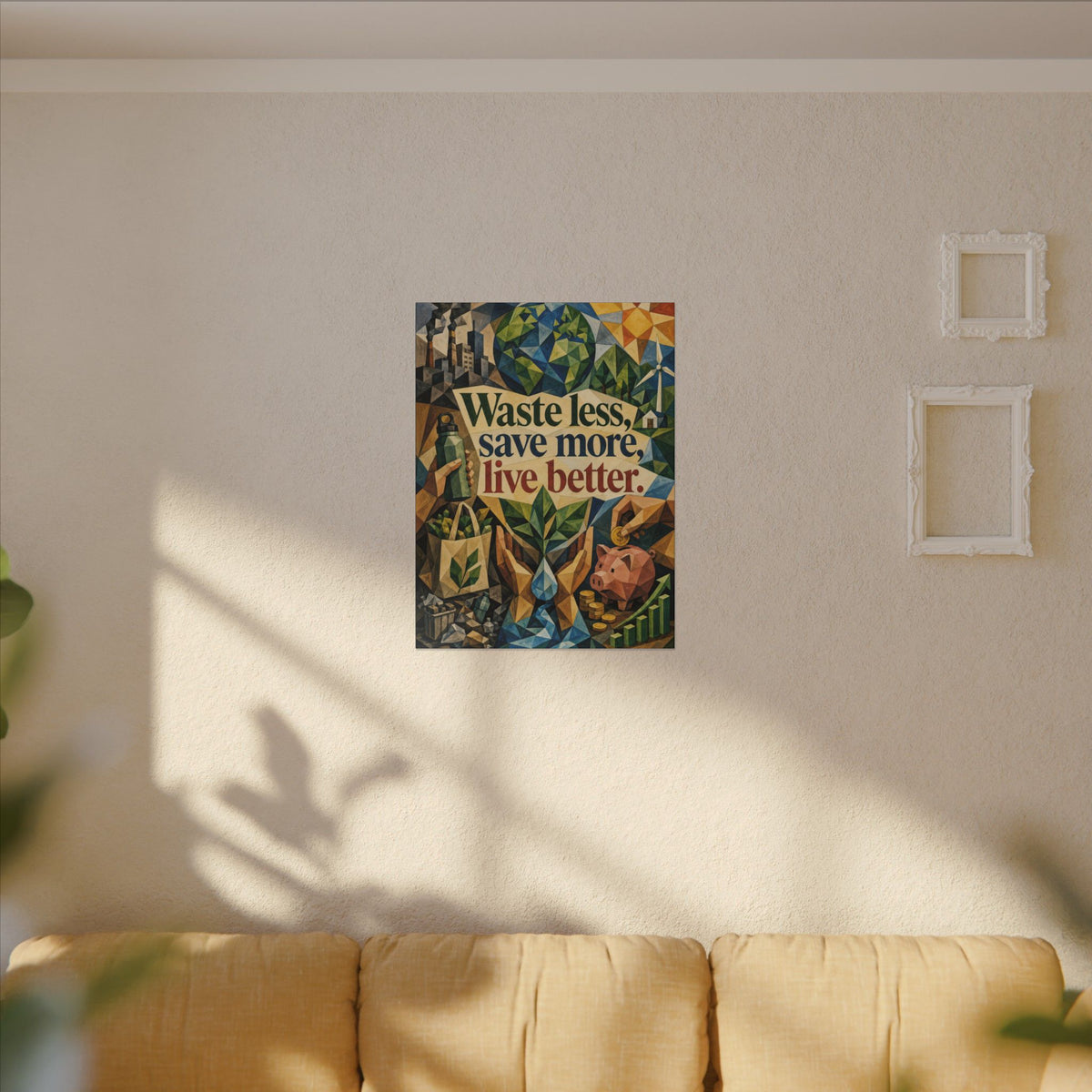 "WASTE LESS SAVE MORE, LIVE BETTTER." (Cubist art style). Earthsmart,  Eco-Friendly Inspirational Wall Art