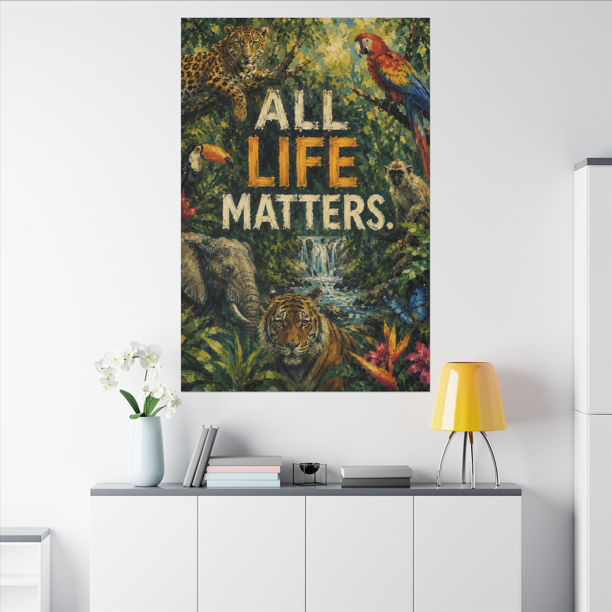 "ALL LIFE MATTERS" (Impressionist art style) — Earthsmart Canvas Wall Art. Jungle Wildlife. (Matte Stretched Print)