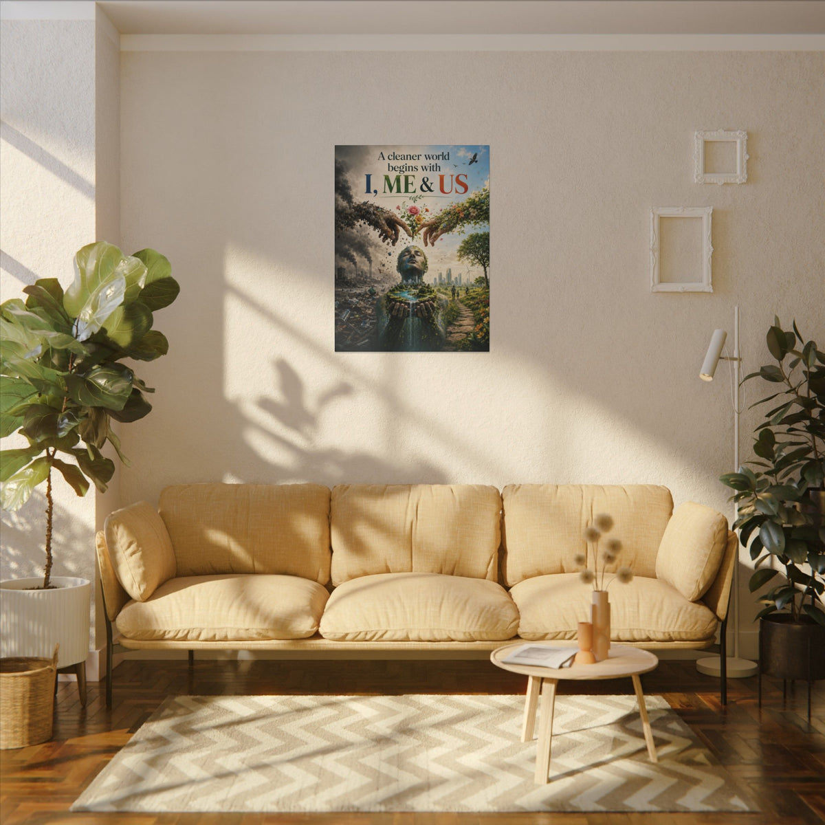 "A CLEANER WORLD BEGINS WITH I, ME & UD" (Surrealist art style). Earthsmart Canvas Wall Art. (Matte Stretched Canvas).