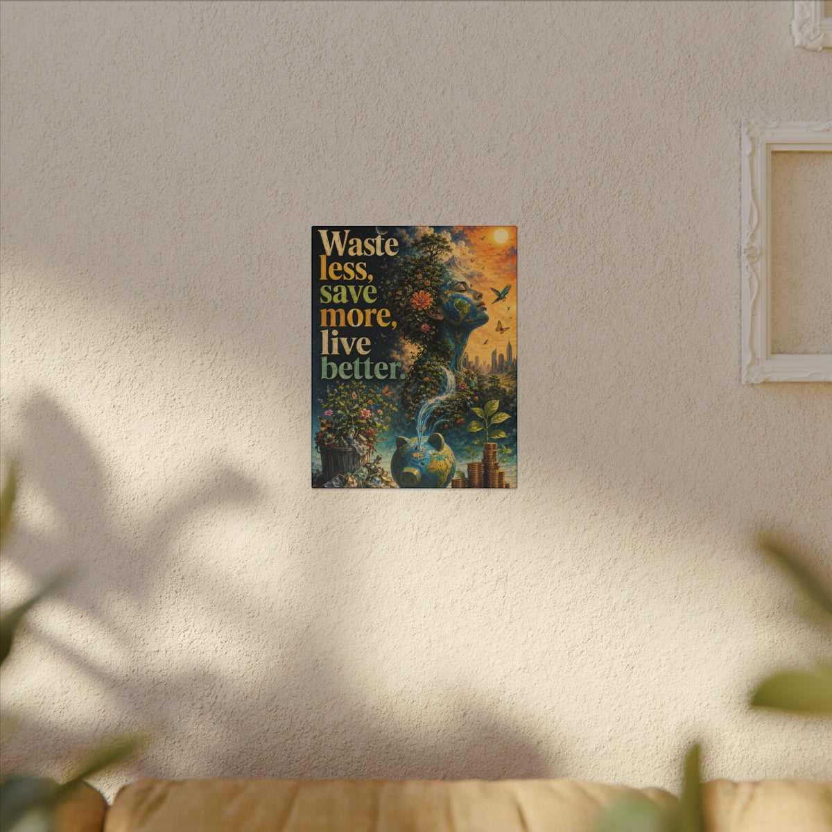 "WASTE LESS, SAVE MORE, LIVE BETTER." - Earthsmart Eco-Friendly Inspirational Wall Art.