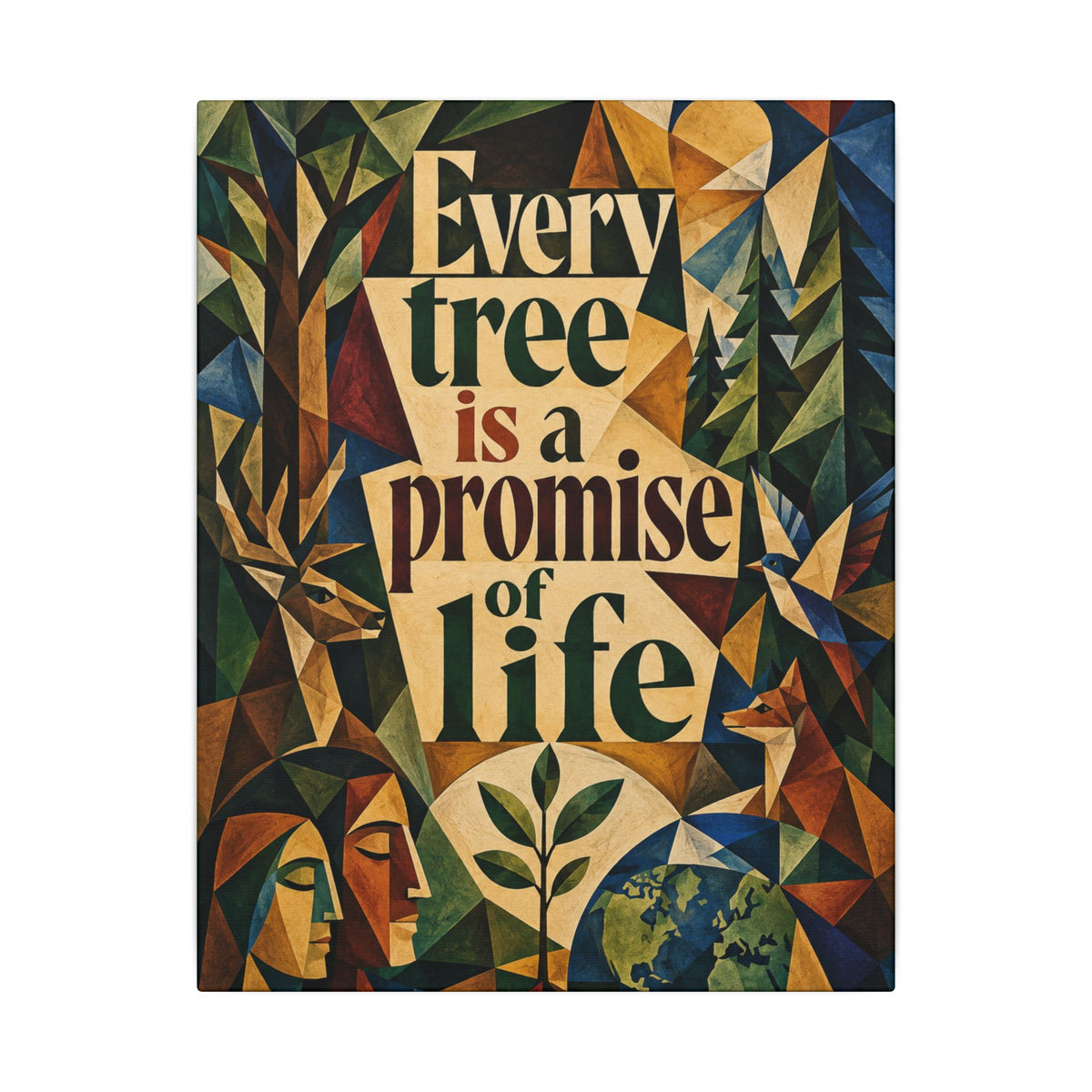 "EVERY TREE IS A PROMISE OF LIFE" (Cubist art style). Earthsmart Eco Canvas Wall Art (Matte Stretched Print).
