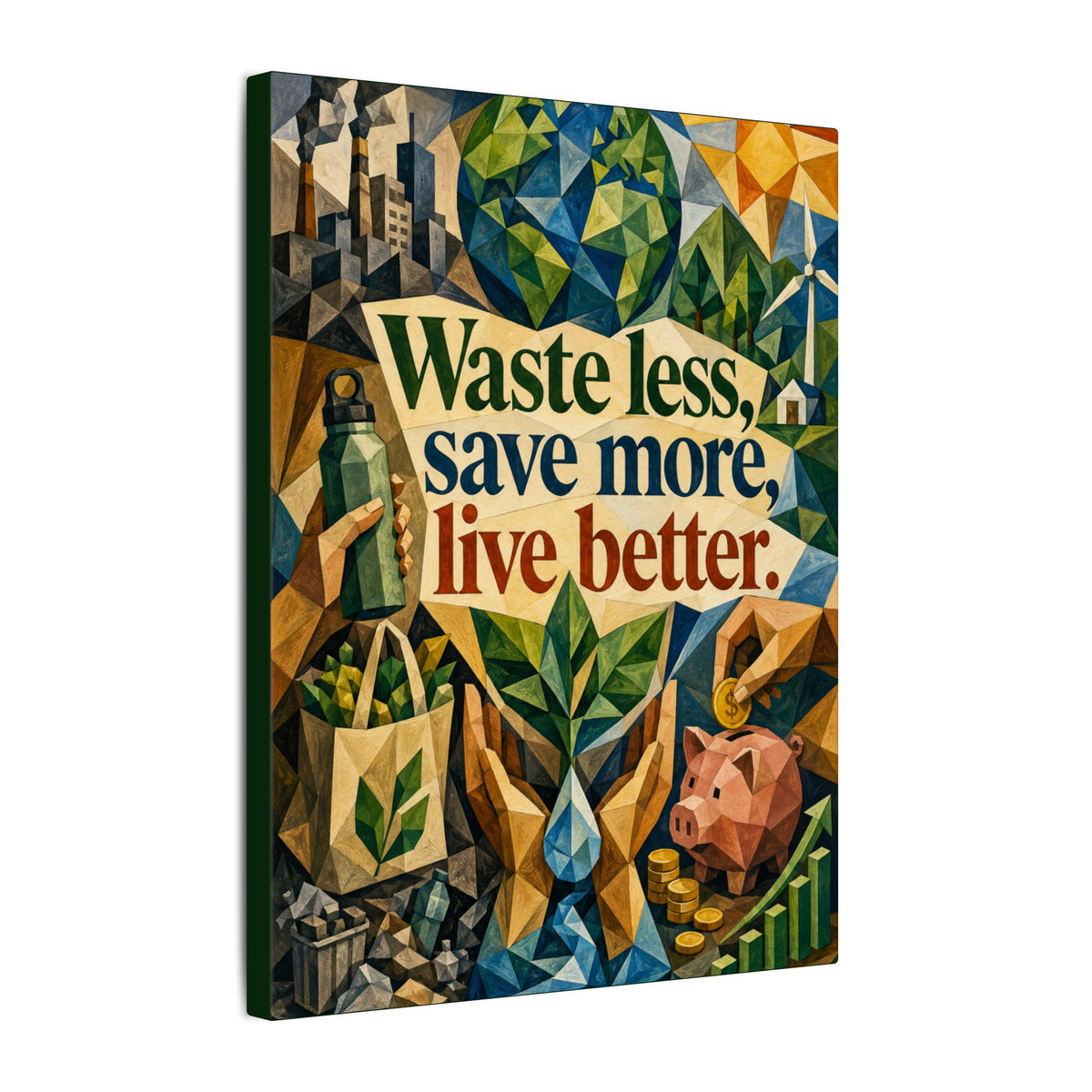 "WASTE LESS SAVE MORE, LIVE BETTTER." (Cubist art style). Earthsmart,  Eco-Friendly Inspirational Wall Art