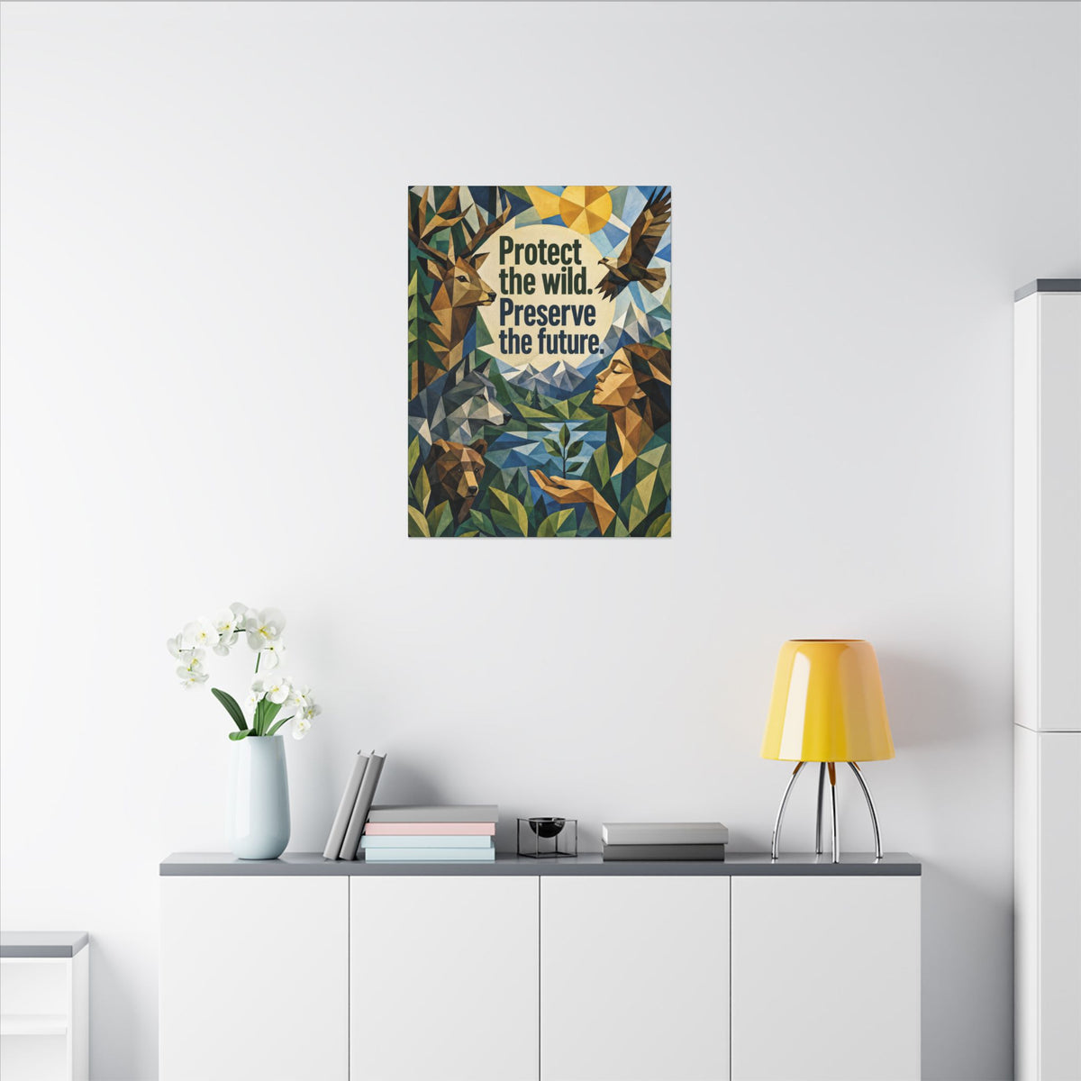 "PROTECT THE WILD PRESERVE THE FUTURE" (Cubist art style). Earthsmart Eco Canvas Wall Art (Matte Stretched Print).