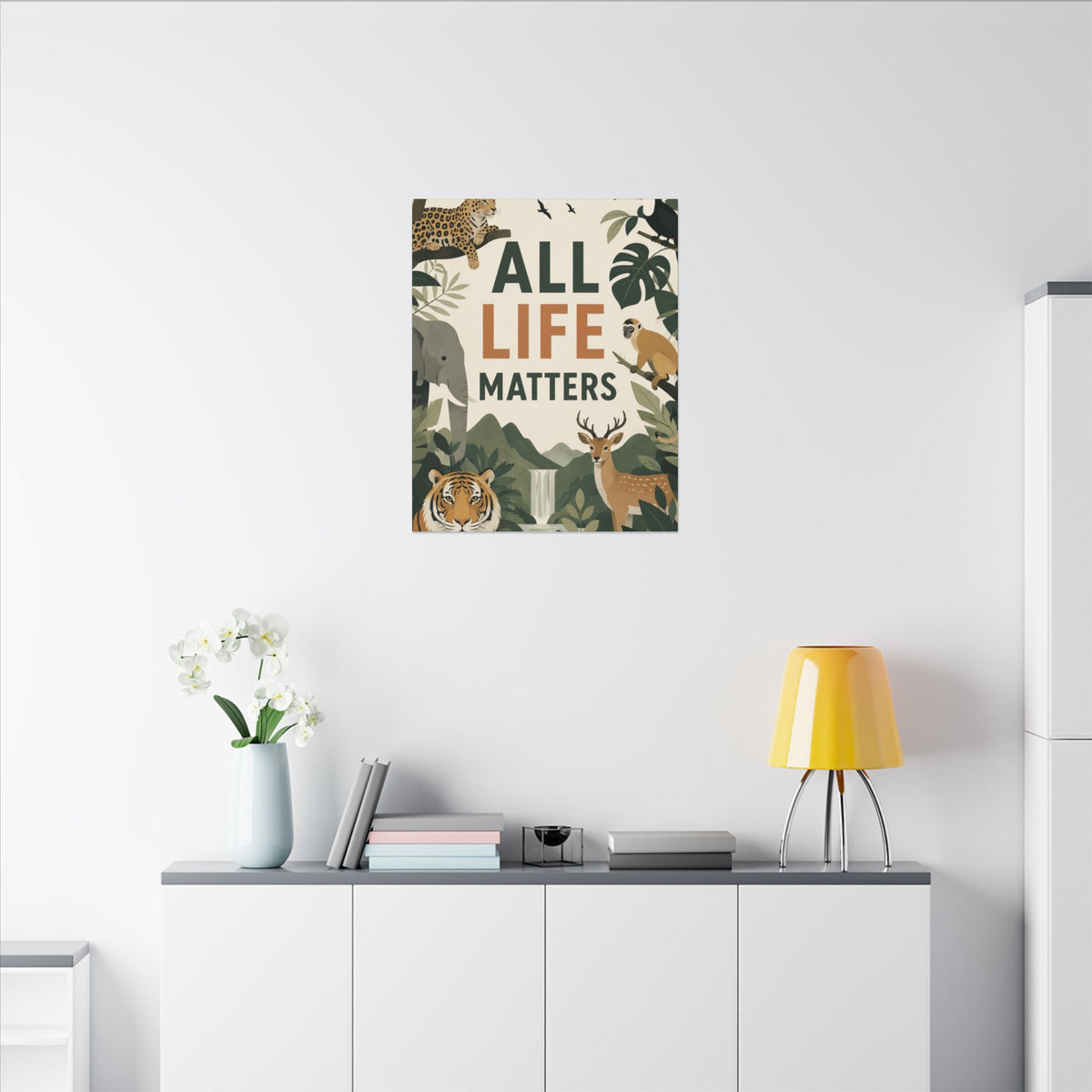 "ALL LIFE MATTERS" (modern art style) - Earthsmart Canvas Wall Art. Jungle Wildlife. (Matte Stretched Print).