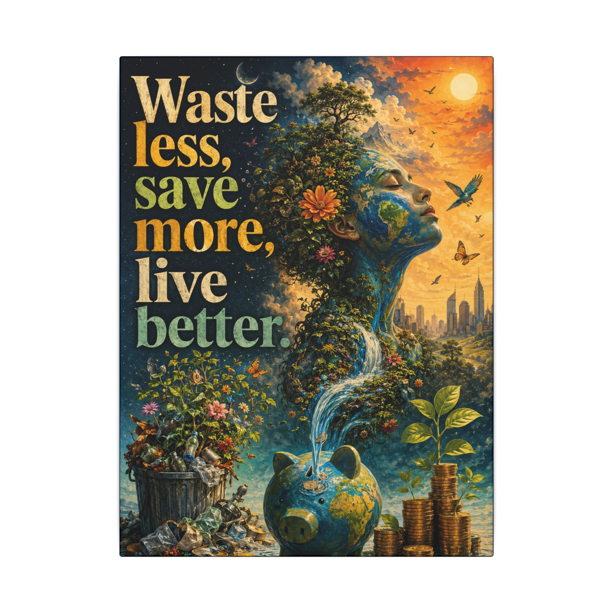 "WASTE LESS, SAVE MORE, LIVE BETTER." - Earthsmart Eco-Friendly Inspirational Wall Art.