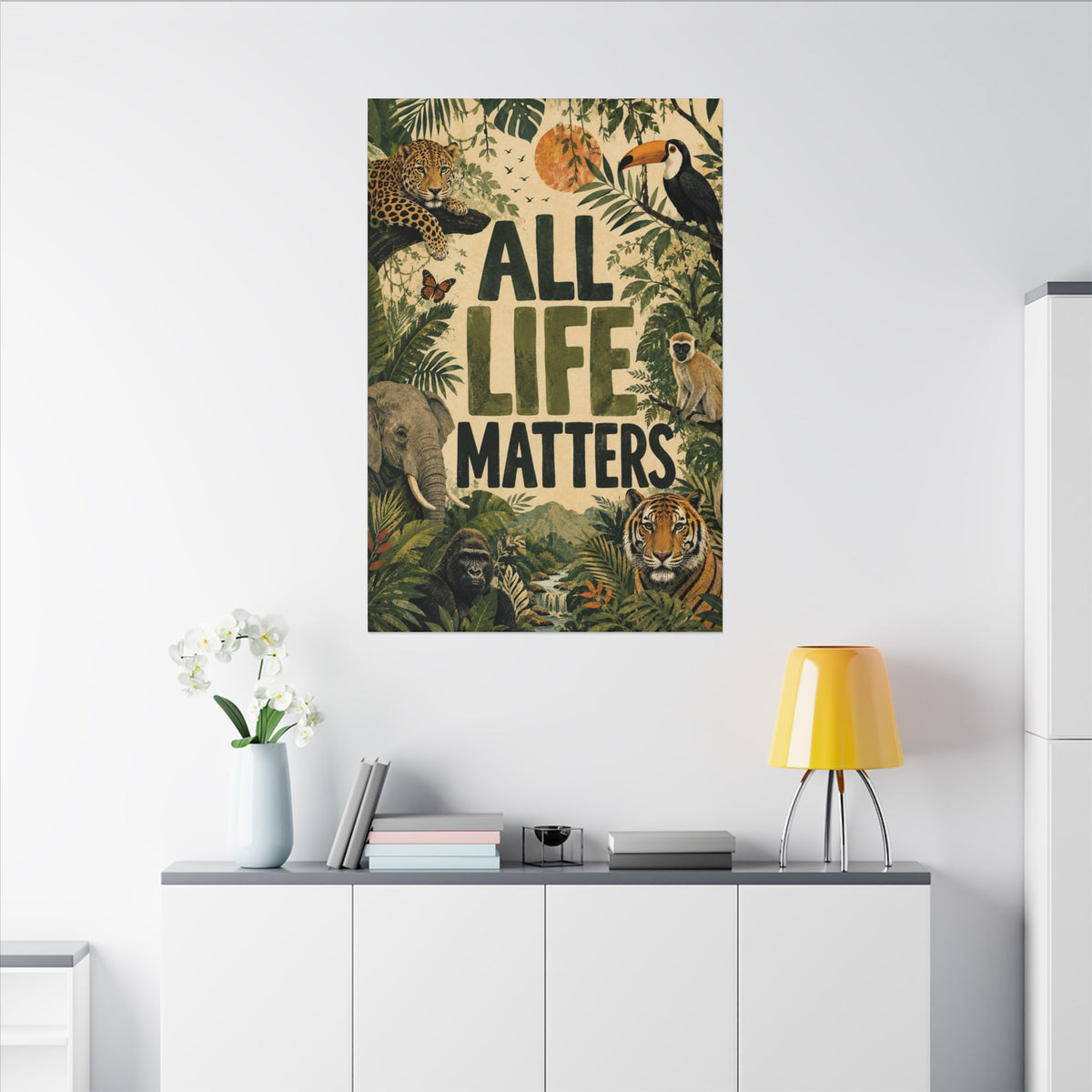 "ALL LIFE MATTERS" (Organic art style) Earthsmart Canvas Wall Art — Jungle Wildlife. (Matte Stretched Print)