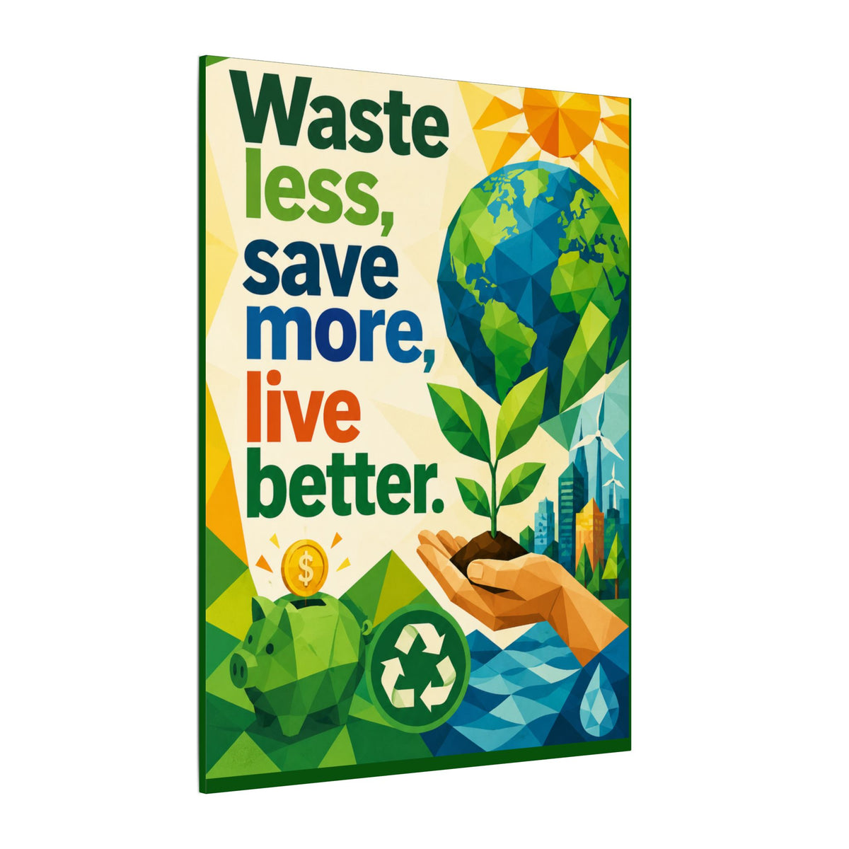 "WASTE LESS SAVE MORE, LIVE BETTTER." (Geometric art style). Earthsmart,  Eco-Friendly Inspirational Wall Art