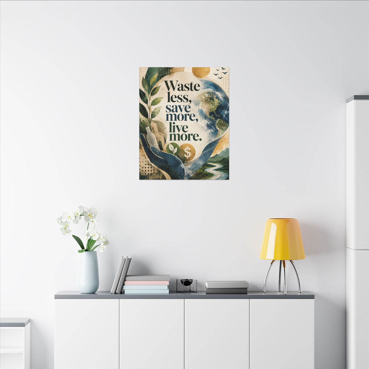 "WASTE LESS, SAVE MORE, LIVE MORE.”(abstract art style).  Earthsmart Eco Motivational Print