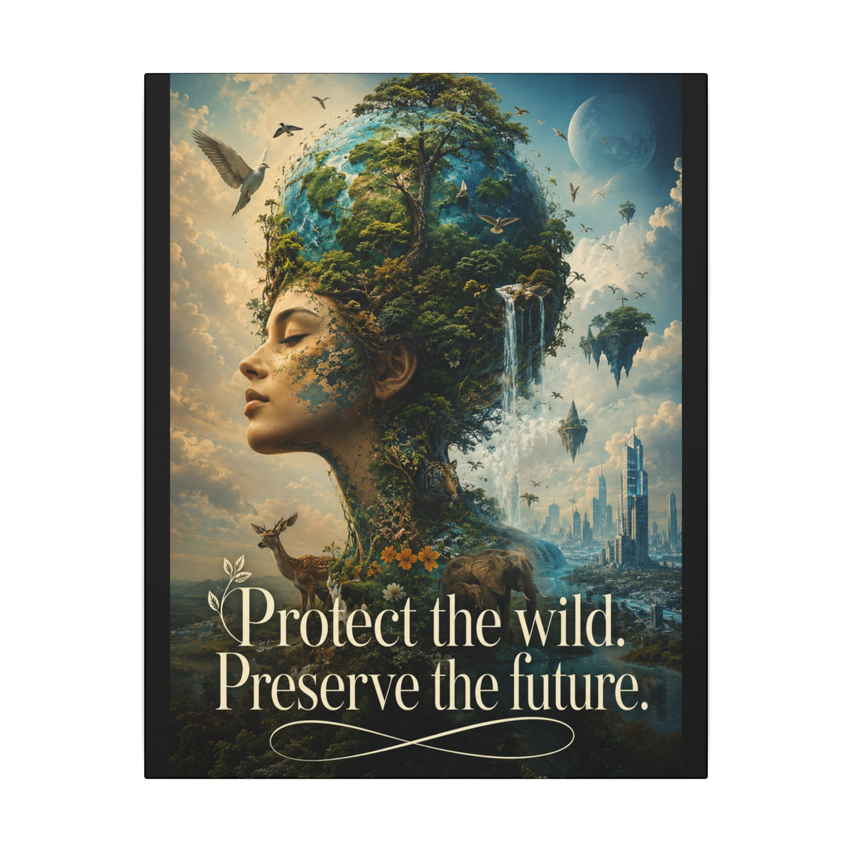"PROTECT THE WILD PRESERVE THE FUTURE" (Surrealist art style). Earthsmart Eco Canvas Wall Art (Matte Stretched Print).