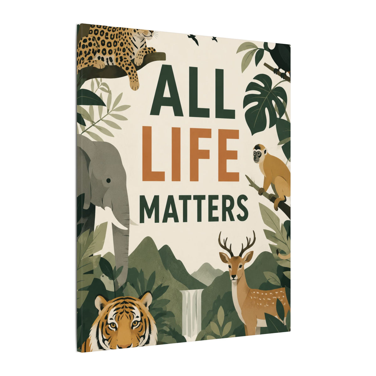"ALL LIFE MATTERS" (modern art style) - Earthsmart Canvas Wall Art. Jungle Wildlife. (Matte Stretched Print).